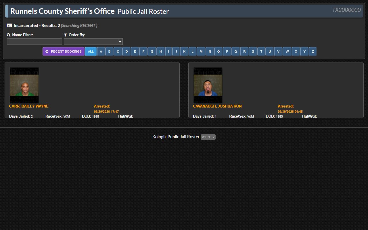 Runnels County jail roster inmate population search on Kologik